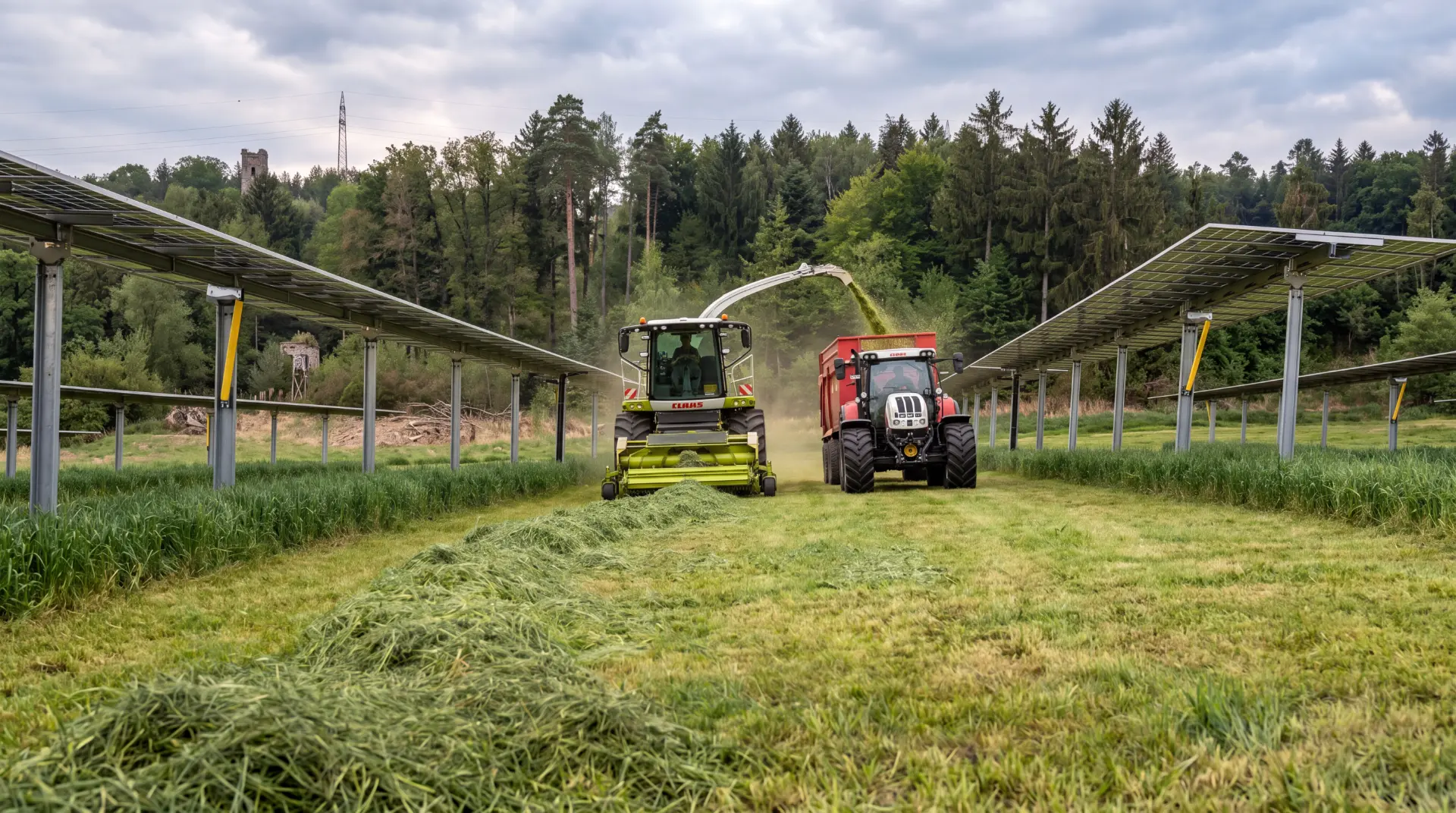Häcksler und Traktor bei der Ernte zwischen Agri-PV-Anlagen